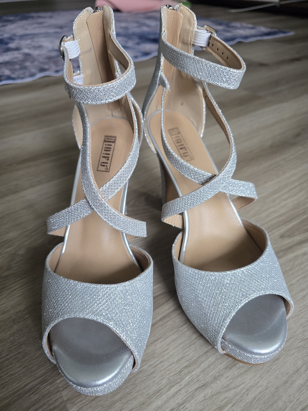 Amazon Silver Glitter Strappy Block Heel Sandals